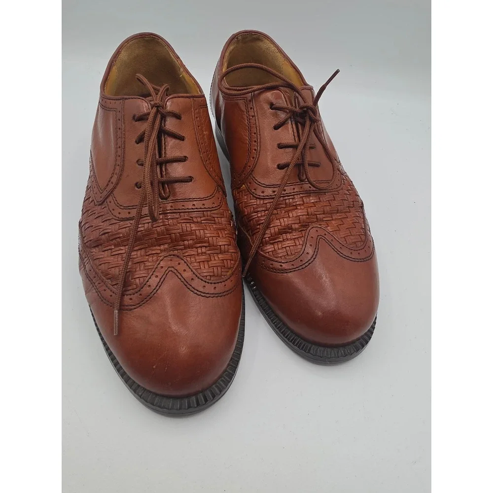 Stanley Blacker Mens 8 W Woven Leather Wingtip Oxford Shoes Tan Brown Italy